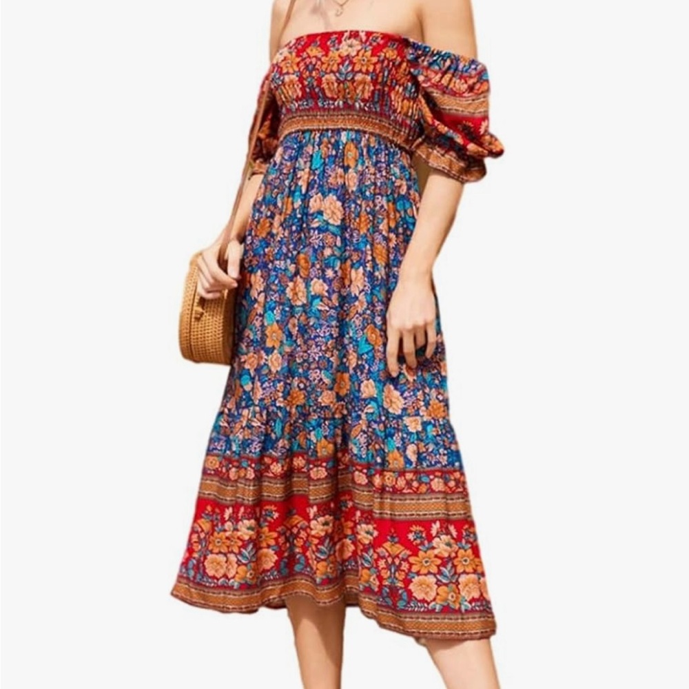 Blue and red floral midi dress